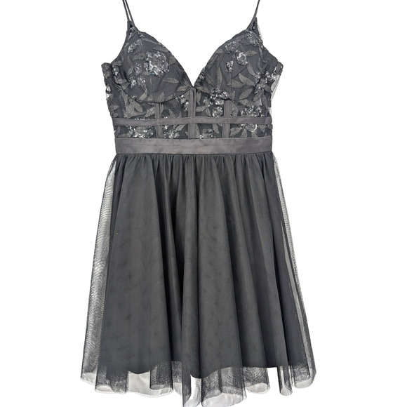 Y2K Black Sequin Corset Bodice Sheer Tulle Gothic Dark Fairy Baddie Hoco Dress 5 - Picture 1 of 13